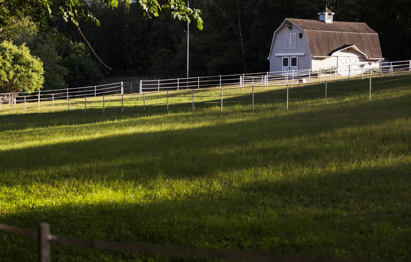 A barn with a cupola on a hillside pasture, backlit by the sun